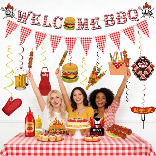 WAWEOOP BBQ Party Decorations Set – Welcome Banner, Checkered Banner, Hanging Swirls, Pre-Strung Cardstock