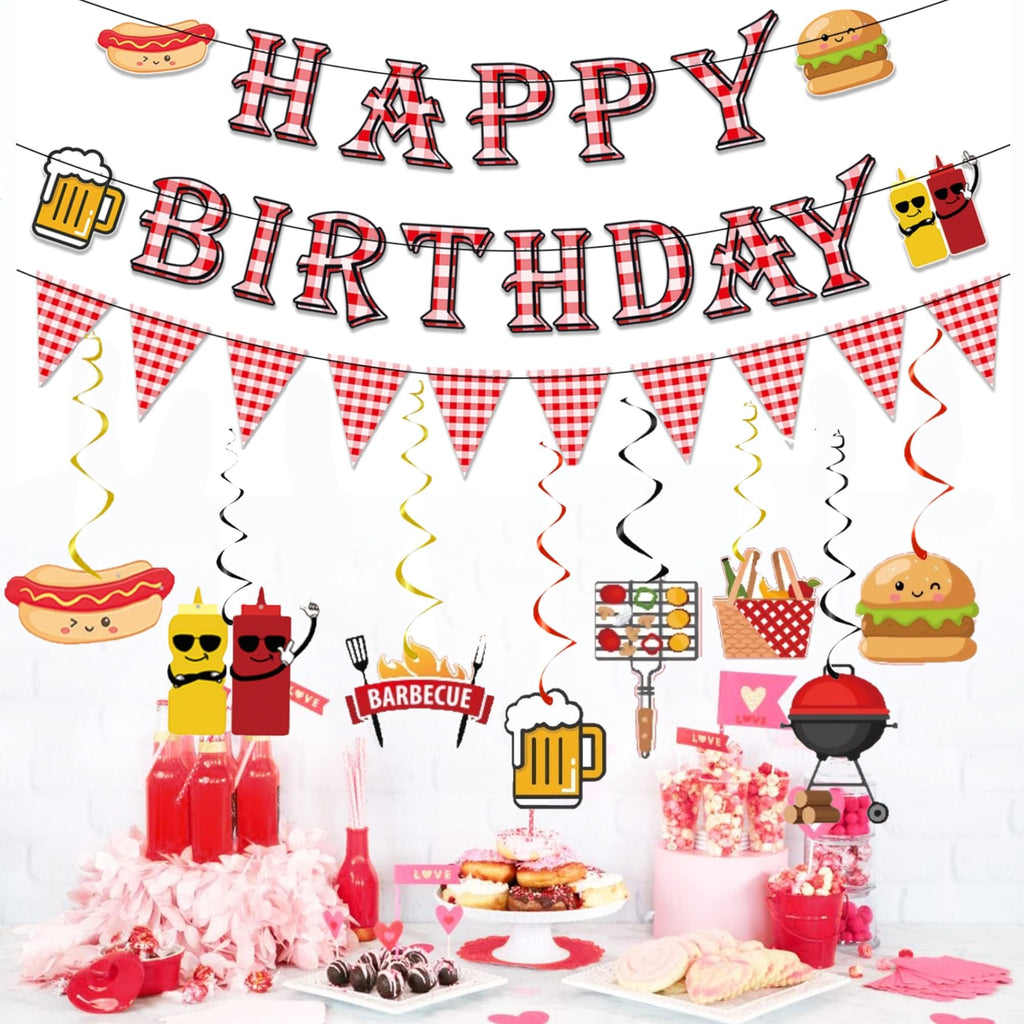 WAWEOOP BBQ Picnic Themed Birthday Party Decorations Set with Banners and Swirls