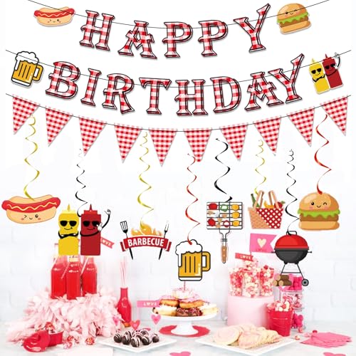 WAWEOOP BBQ Picnic Themed Birthday Party Decorations Set with Banners and Swirls