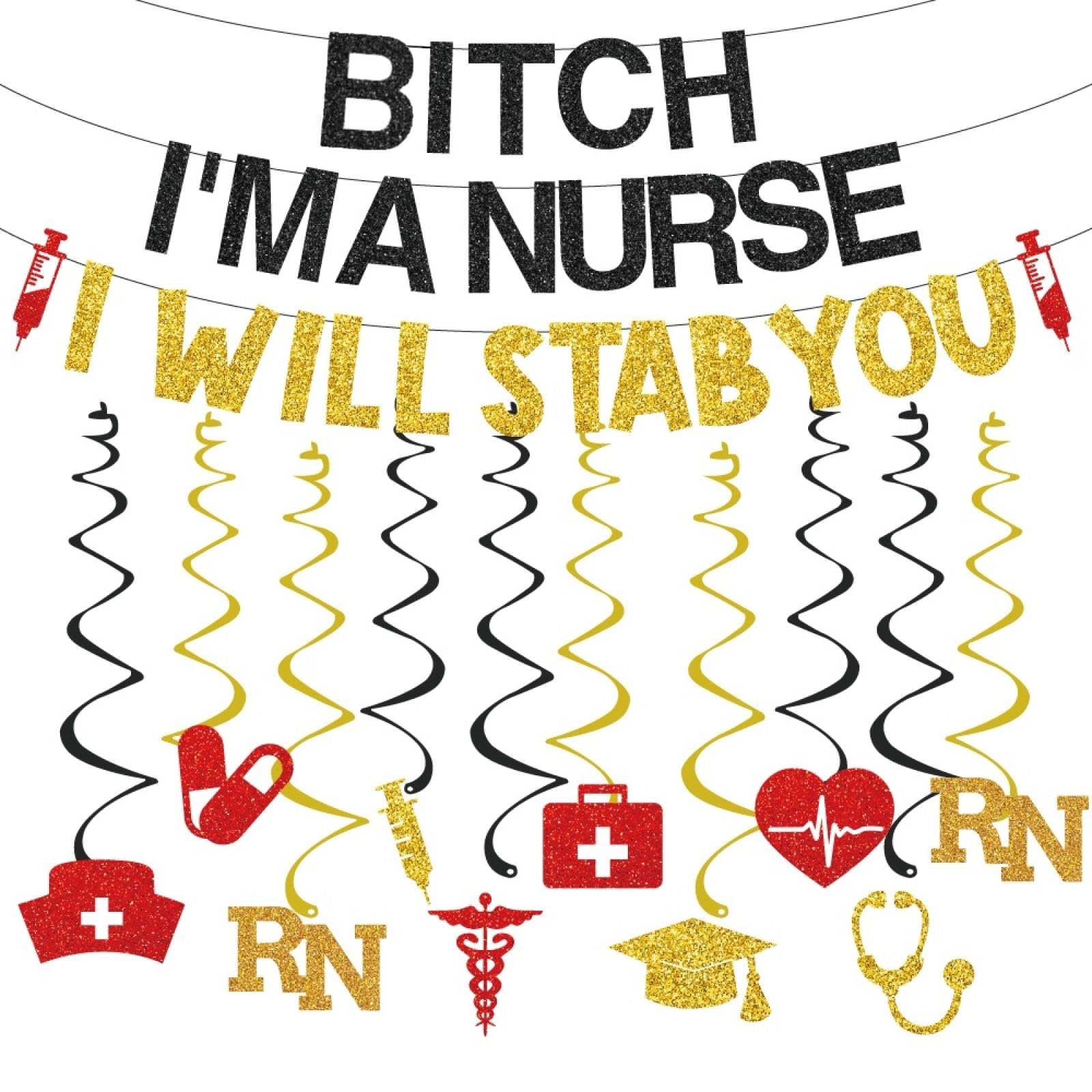 WAWEOOP Glitter Black Gold Nursing Graduation Banner Set - Pre-Strung, 8.2ft, with Hanging Swirls - Party Decor for RN BSN Grad 2026
