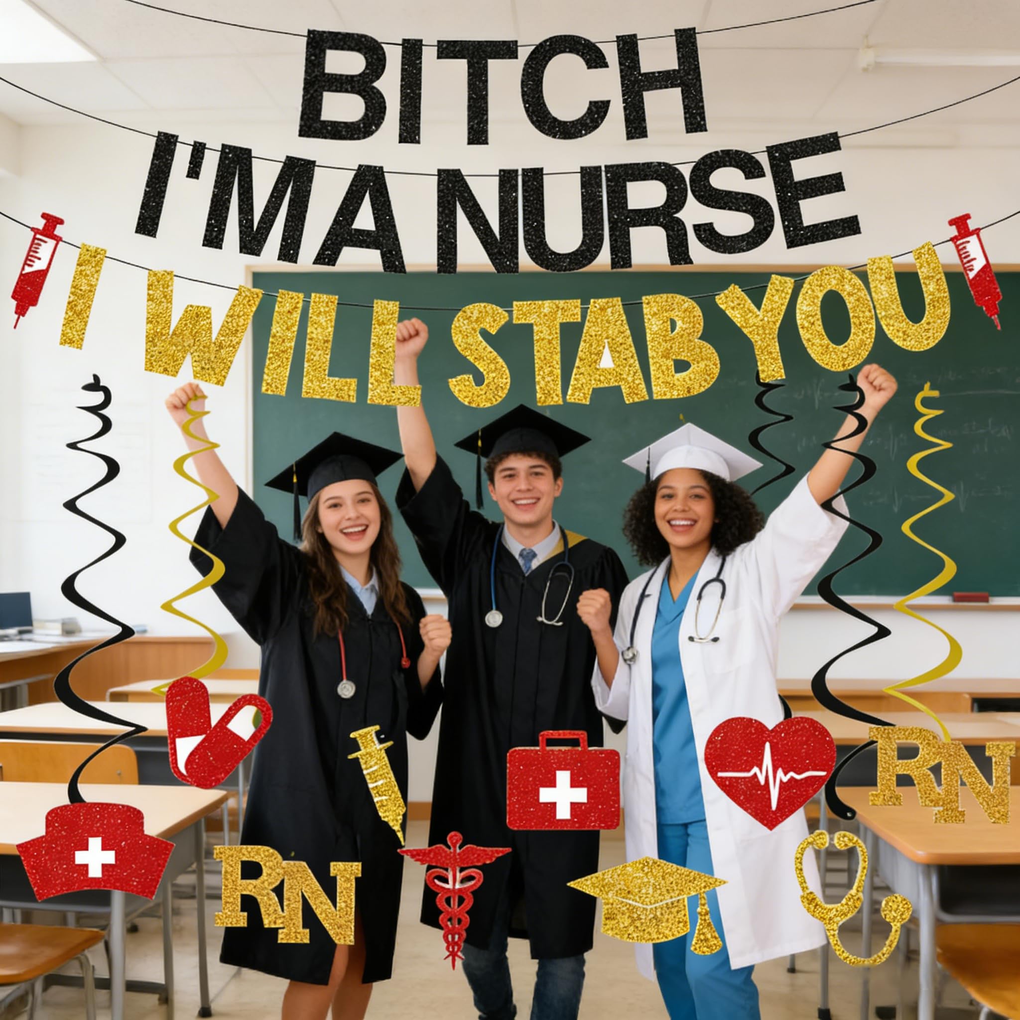 WAWEOOP Glitter Black Gold Nursing Graduation Banner Set - Pre-Strung, 8.2ft, with Hanging Swirls - Party Decor for RN BSN Grad 2026
