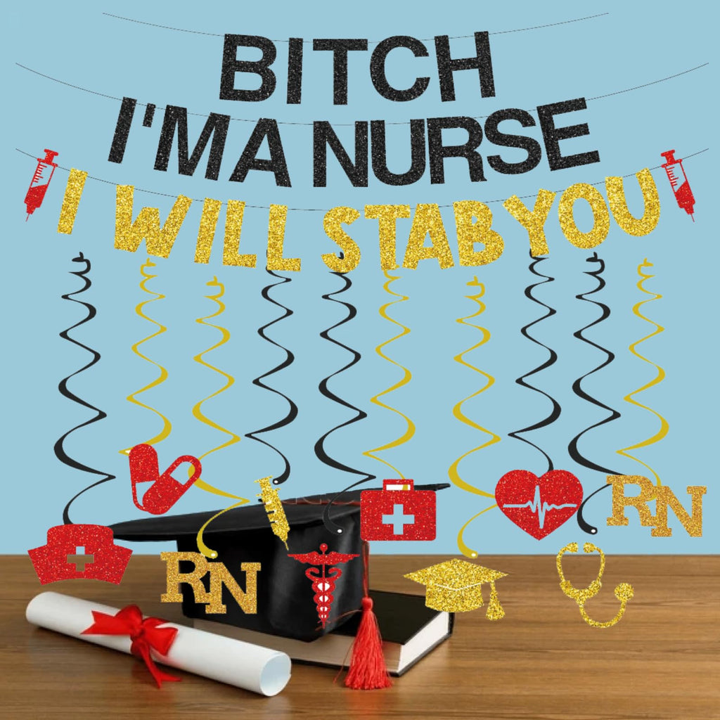 WAWEOOP Glitter Black Gold Nursing Graduation Banner Set - Pre-Strung, 8.2ft, with Hanging Swirls - Party Decor for RN BSN Grad 2026