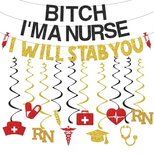 WAWEOOP Glitter Black Gold Nursing Graduation Banner Set - Pre-Strung, 8.2ft, with Hanging Swirls - Party Decor for RN BSN Grad 2026