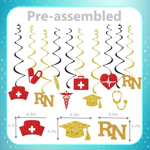 WAWEOOP Glitter Black Gold Nursing Graduation Banner Set - Pre-Strung, 8.2ft, with Hanging Swirls - Party Decor for RN BSN Grad 2026
