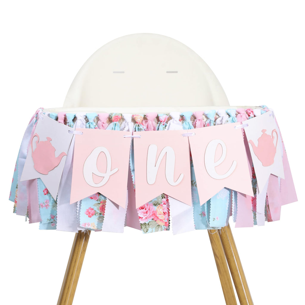 WAWUO Alice In Wonderland Teapot High Chair Garland - Fabric Birthday Banner for First Birthday Party Decorations