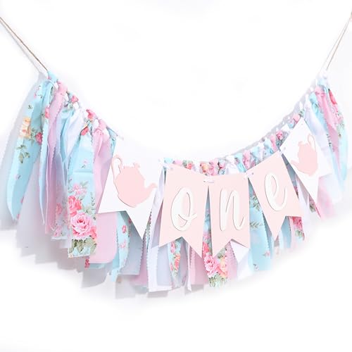 WAWUO Alice In Wonderland Teapot High Chair Garland - Fabric Birthday Banner for First Birthday Party Decorations