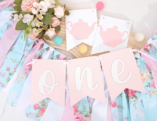 WAWUO Alice In Wonderland Teapot High Chair Garland - Fabric Birthday Banner for First Birthday Party Decorations