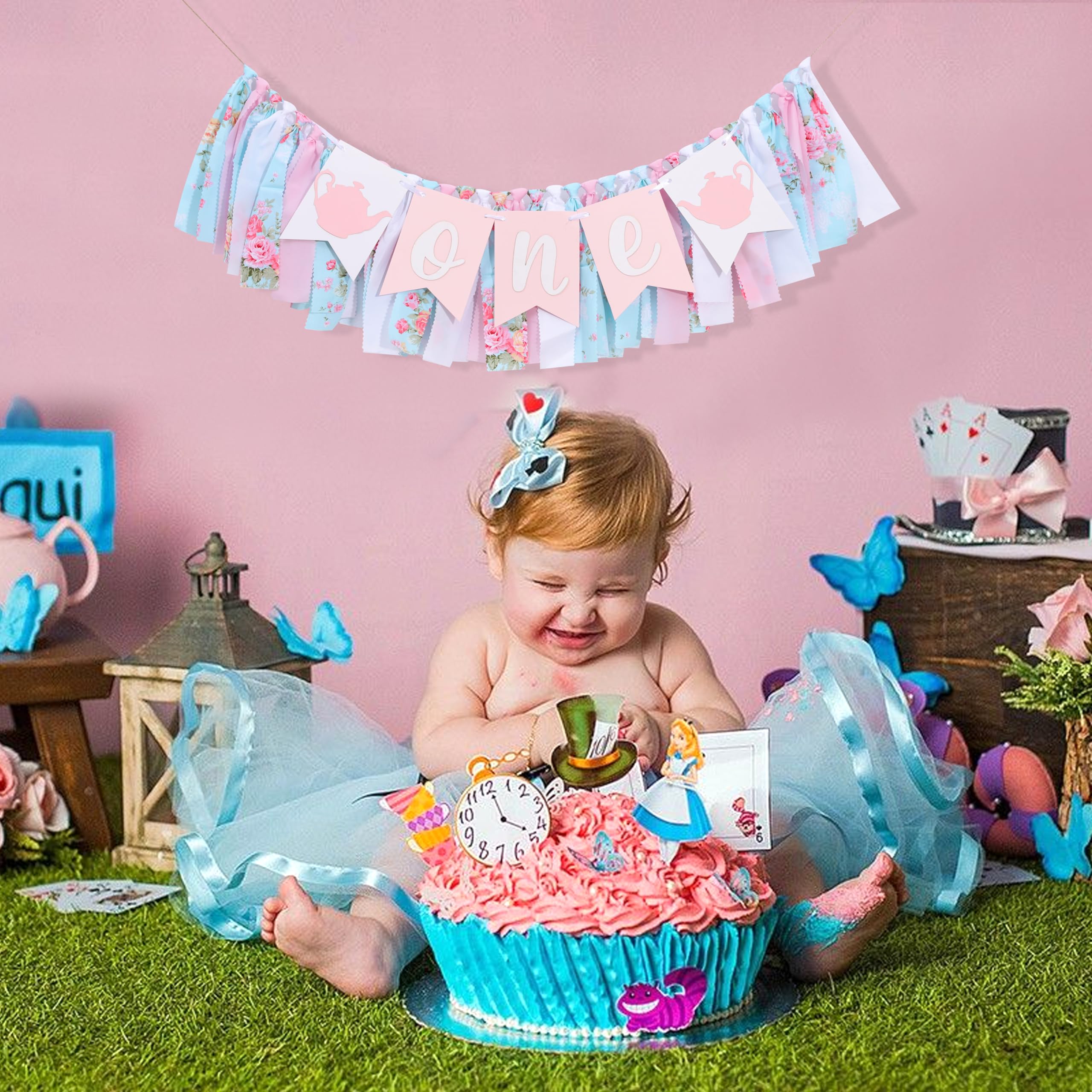 WAWUO Alice In Wonderland Teapot High Chair Garland - Fabric Birthday Banner for First Birthday Party Decorations