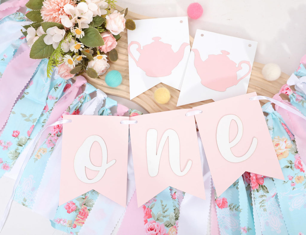 WAWUO Alice In Wonderland Teapot High Chair Garland - Fabric Birthday Banner for First Birthday Party Decorations