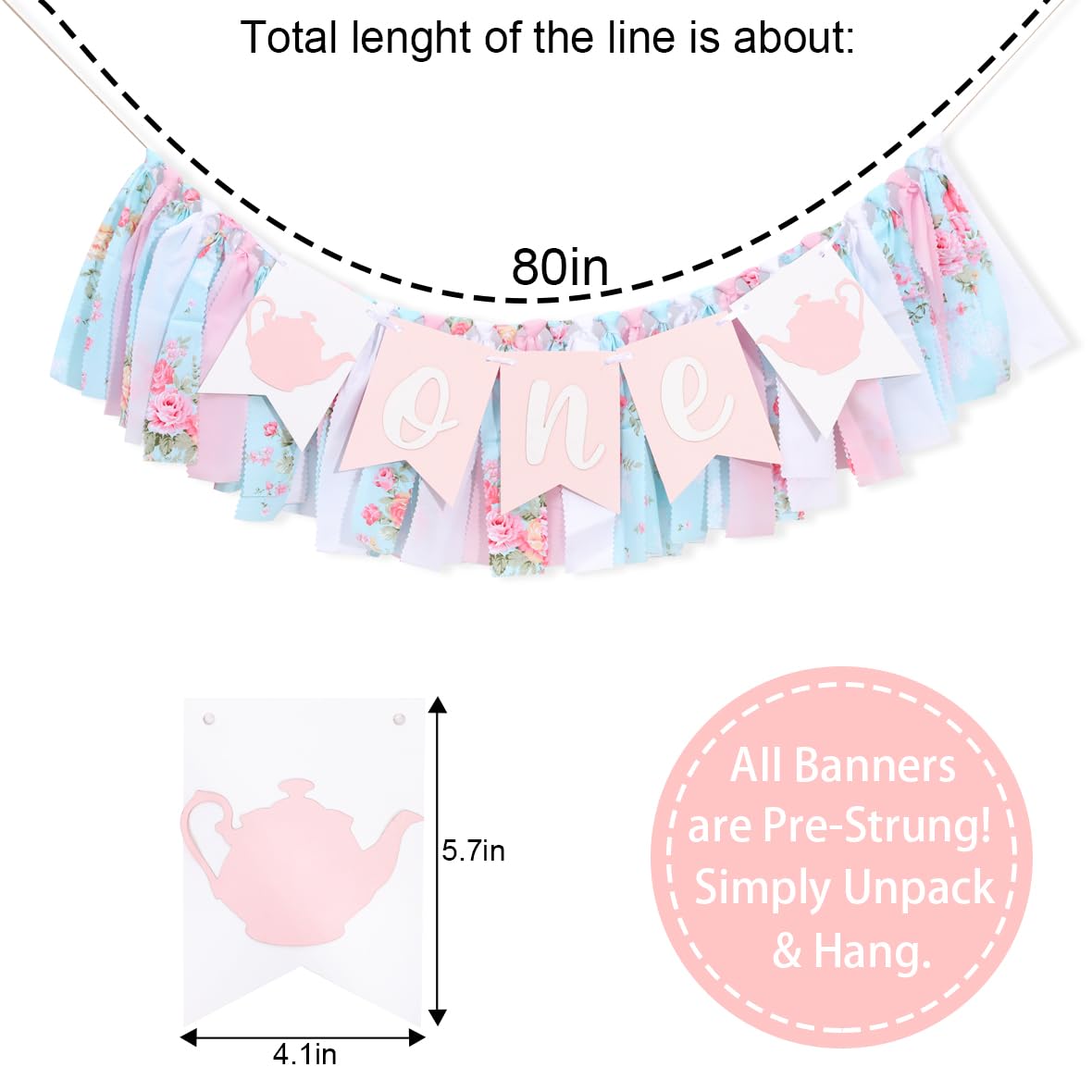 WAWUO Alice In Wonderland Teapot High Chair Garland - Fabric Birthday Banner for First Birthday Party Decorations