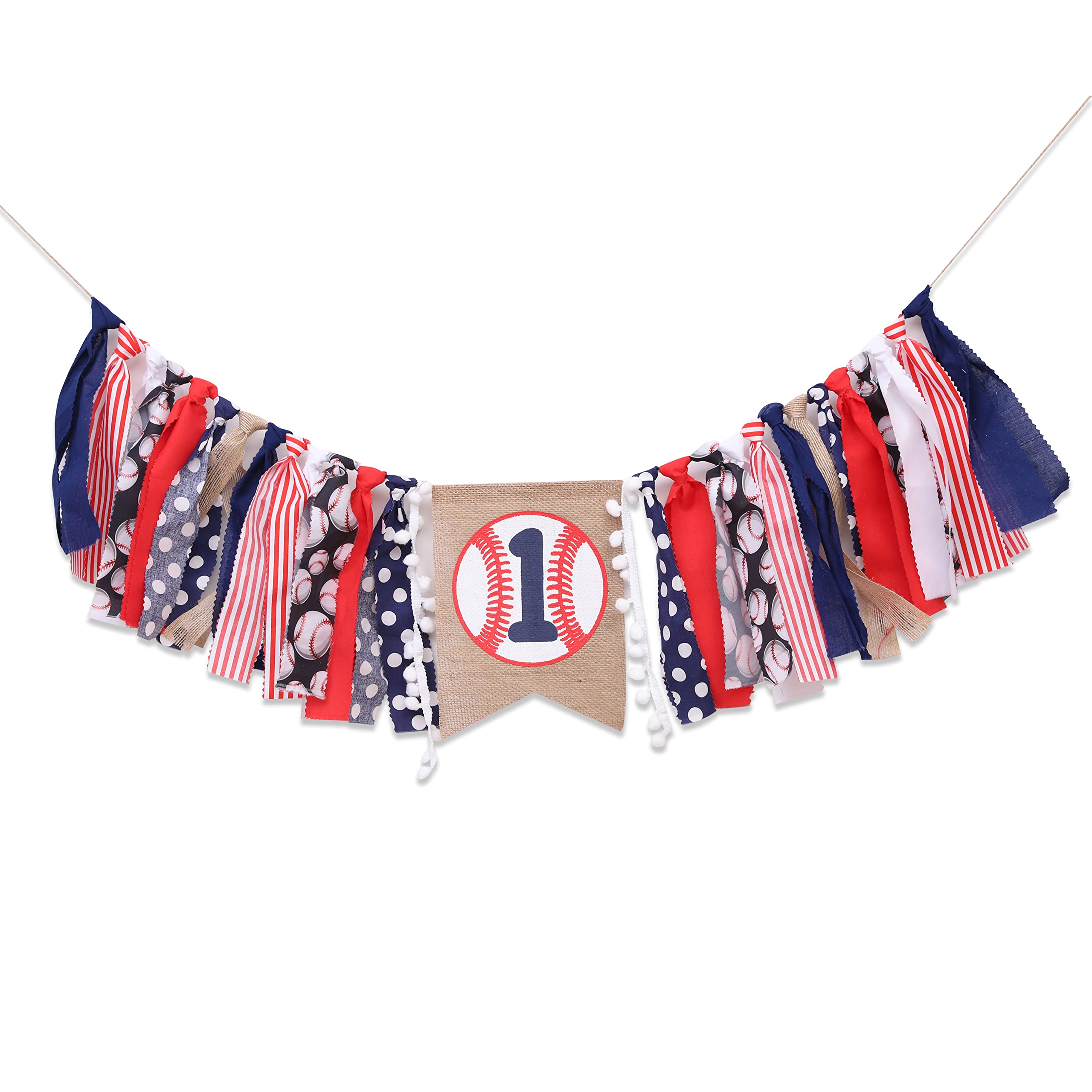 WAWUO Baseball 1st Birthday Banner for Highchair – Boy's First Birthday Decorations with Linen Number One and Hemp Rope