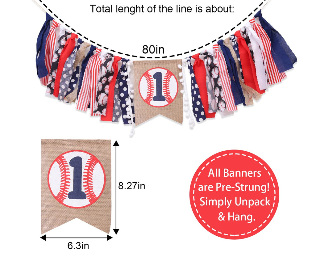 WAWUO Baseball 1st Birthday Banner for Highchair – Boy's First Birthday Decorations with Linen Number One and Hemp Rope