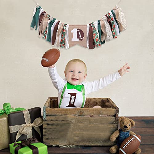 WAWUO Football 1st Birthday High Chair Banner - Burlap Happy 1st Banner with Rope for Baby Boy Party Decor