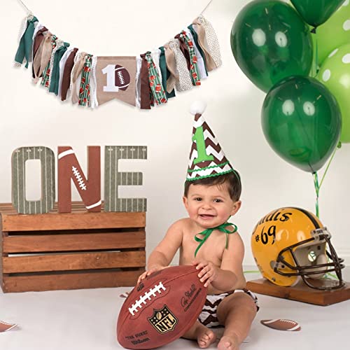 WAWUO Football 1st Birthday High Chair Banner - Burlap Happy 1st Banner with Rope for Baby Boy Party Decor