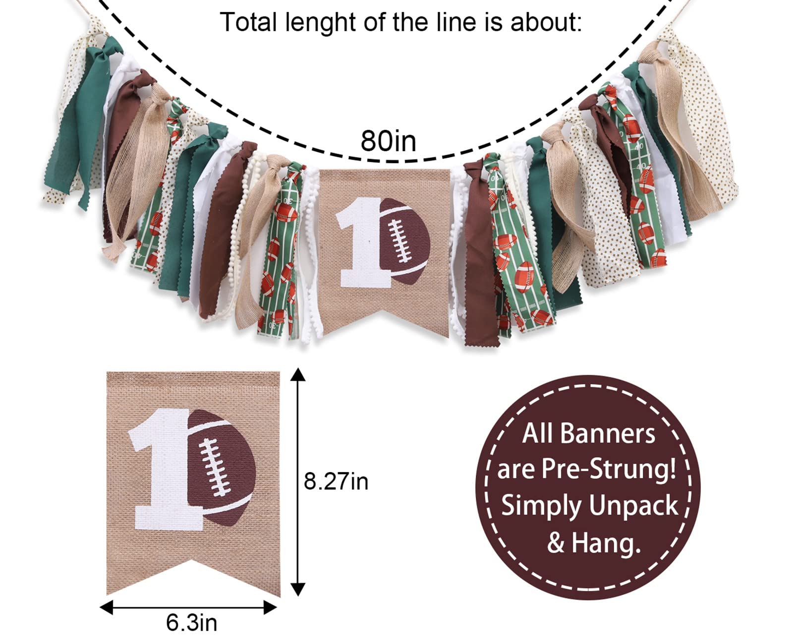WAWUO Football 1st Birthday High Chair Banner - Burlap Happy 1st Banner with Rope for Baby Boy Party Decor