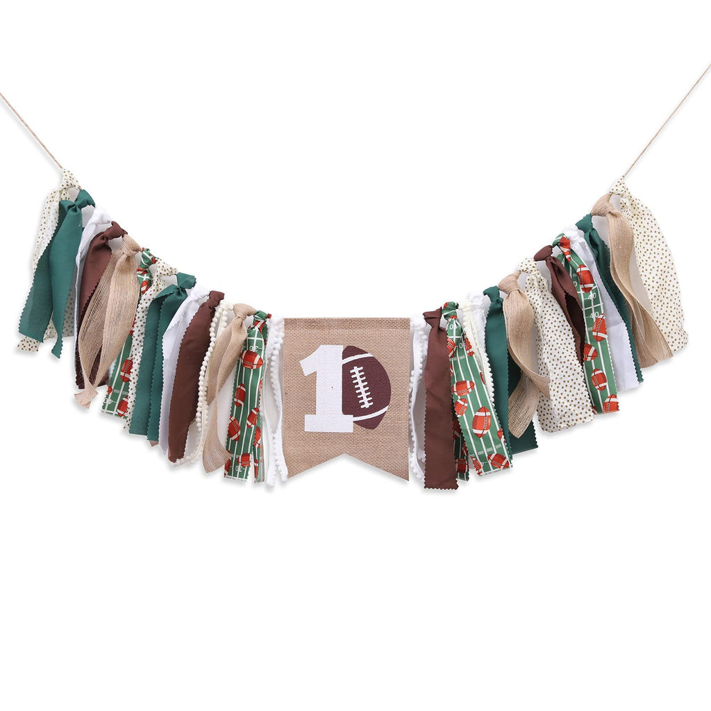 WAWUO Football 1st Birthday High Chair Banner - Burlap Happy 1st Banner with Rope for Baby Boy Party Decor