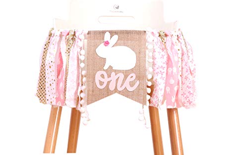 WAWUO Pink Rabbit 1st Birthday High Chair Banner - 80 Inch Fabric Banner for Baby Girl Princess Party Decorations