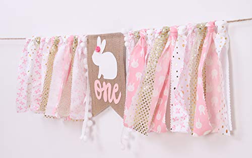 WAWUO Pink Rabbit 1st Birthday High Chair Banner - 80 Inch Fabric Banner for Baby Girl Princess Party Decorations