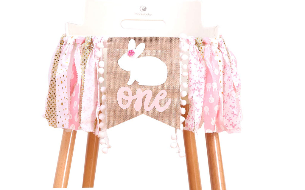 WAWUO Pink Rabbit 1st Birthday High Chair Banner - 80 Inch Fabric Banner for Baby Girl Princess Party Decorations