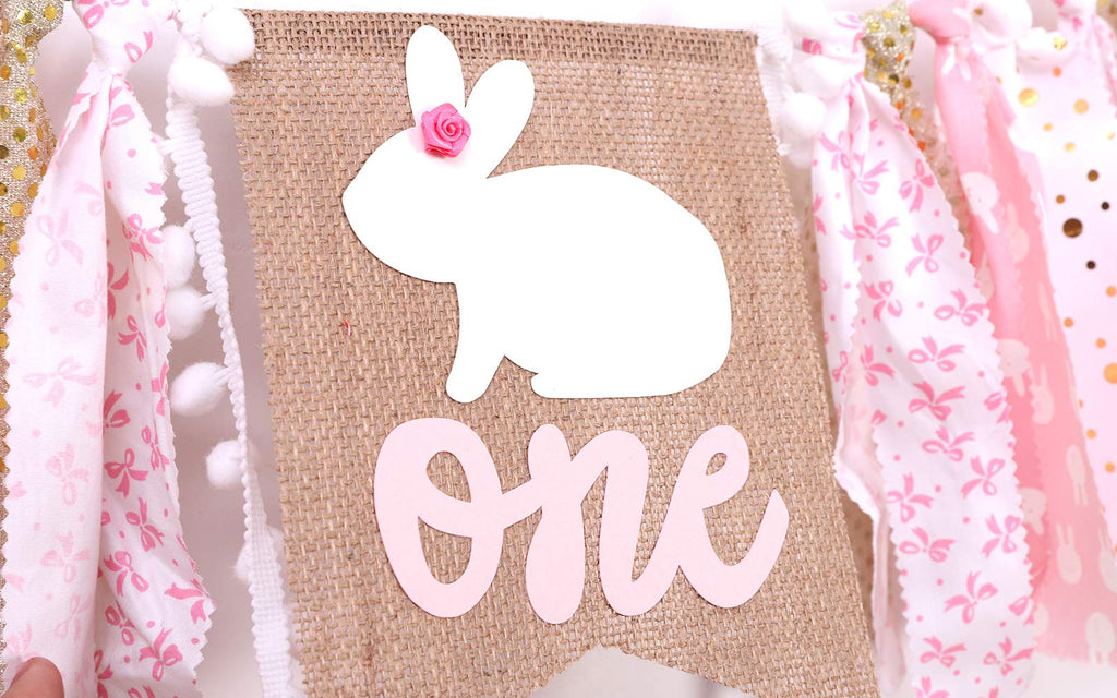 WAWUO Pink Rabbit 1st Birthday High Chair Banner - 80 Inch Fabric Banner for Baby Girl Princess Party Decorations