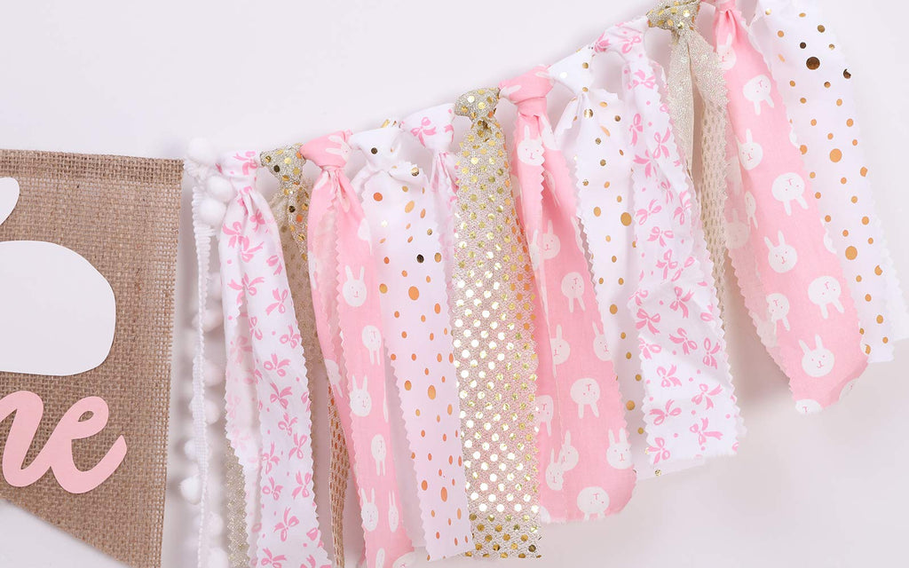 WAWUO Pink Rabbit 1st Birthday High Chair Banner - 80 Inch Fabric Banner for Baby Girl Princess Party Decorations