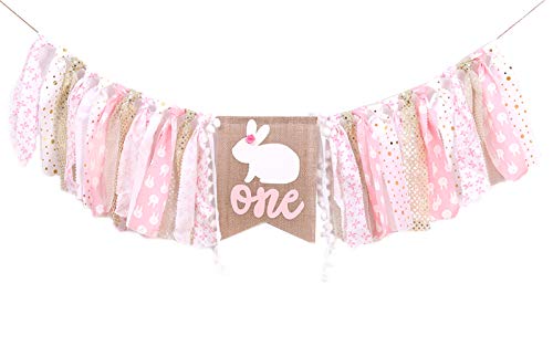 WAWUO Pink Rabbit 1st Birthday High Chair Banner - 80 Inch Fabric Banner for Baby Girl Princess Party Decorations