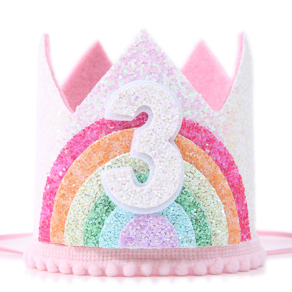 WAWUO Rainbow Birthday Crown for Girls - Glitter Felt Hat for Baby's 1st Birthday Party Photo Props