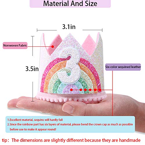 WAWUO Rainbow Birthday Crown for Girls - Glitter Felt Hat for Baby's 1st Birthday Party Photo Props