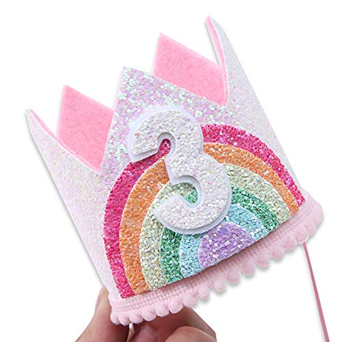 WAWUO Rainbow Birthday Crown for Girls - Glitter Felt Hat for Baby's 1st Birthday Party Photo Props