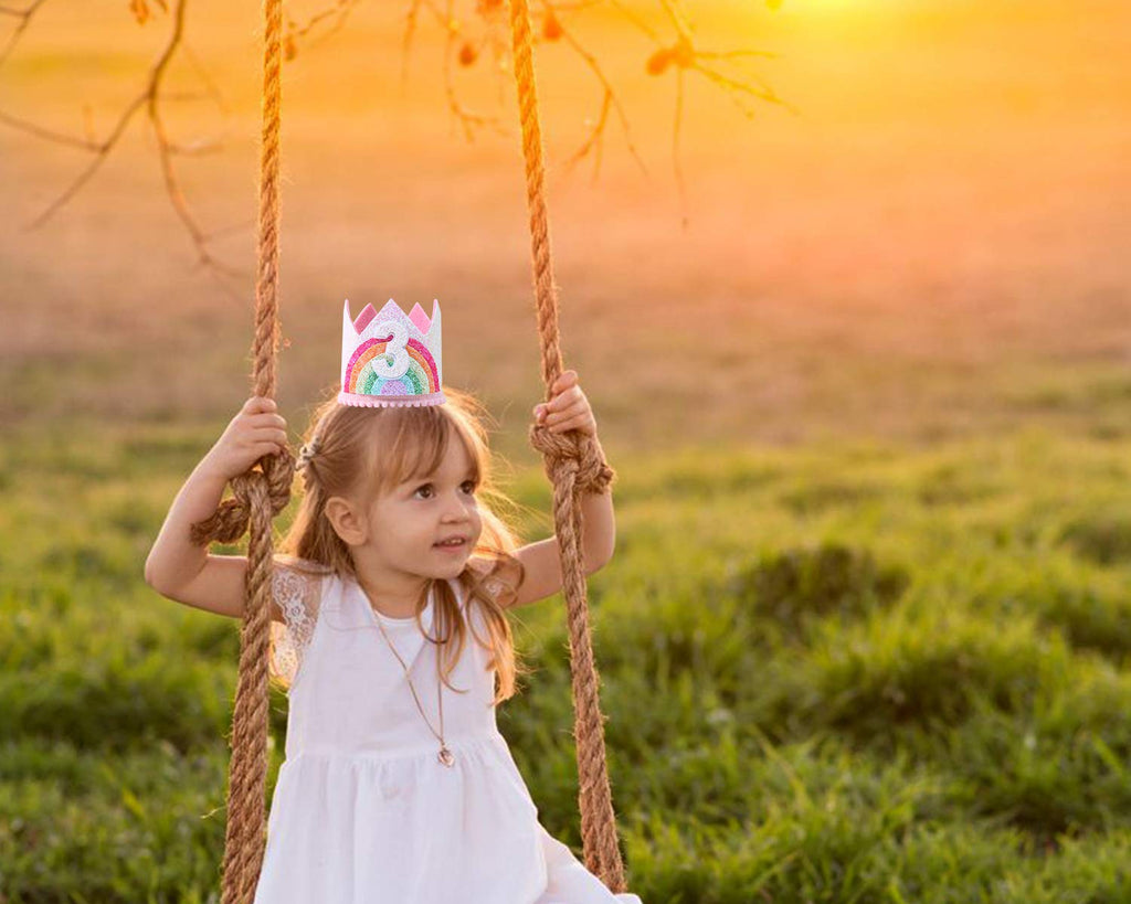 WAWUO Rainbow Birthday Crown for Girls - Glitter Felt Hat for Baby's 1st Birthday Party Photo Props