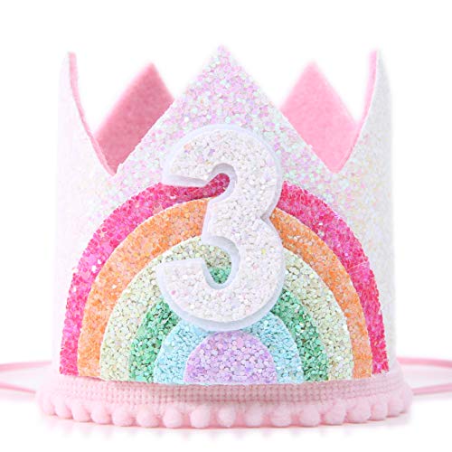 WAWUO Rainbow Birthday Crown for Girls - Glitter Felt Hat for Baby's 1st Birthday Party Photo Props