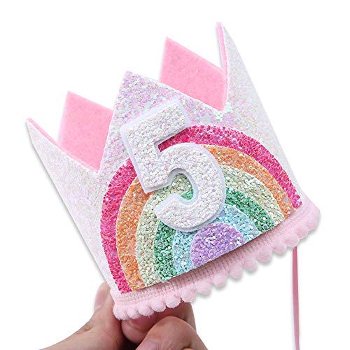 WAWUO Rainbow Birthday Crown for Girls 1-6, Light Pink Glitter Felt Hat with Pastel Rainbow, Party Supplies Photo Prop