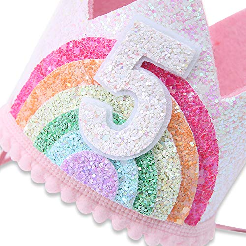WAWUO Rainbow Birthday Crown for Girls 1-6, Light Pink Glitter Felt Hat with Pastel Rainbow, Party Supplies Photo Prop