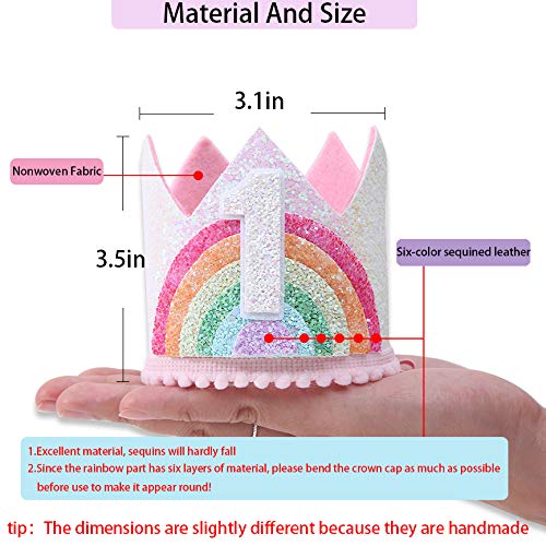 WAWUO Rainbow Birthday Crown for Girls – Light Pink Glitter Felt Hat for 1–6 Year Olds