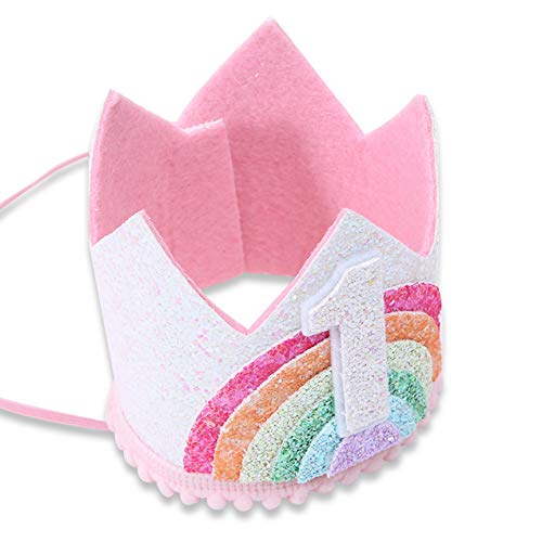 WAWUO Rainbow Birthday Crown for Girls – Light Pink Glitter Felt Hat for 1–6 Year Olds