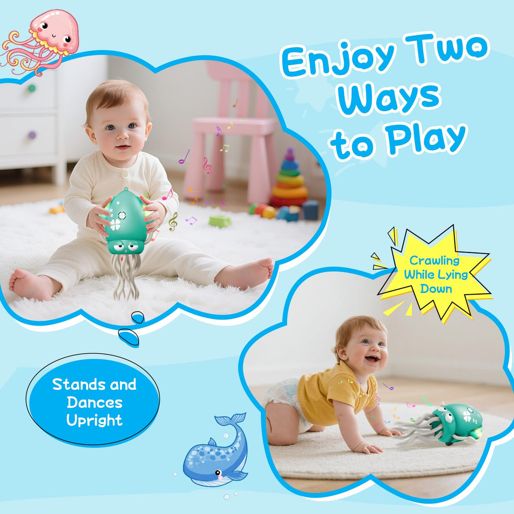 WAYPIN SION Green Crawling Dancing Octopus Toy – Rechargeable Sensory Toy with Lights & Music for Babies Tummy Time, Birthday Gift