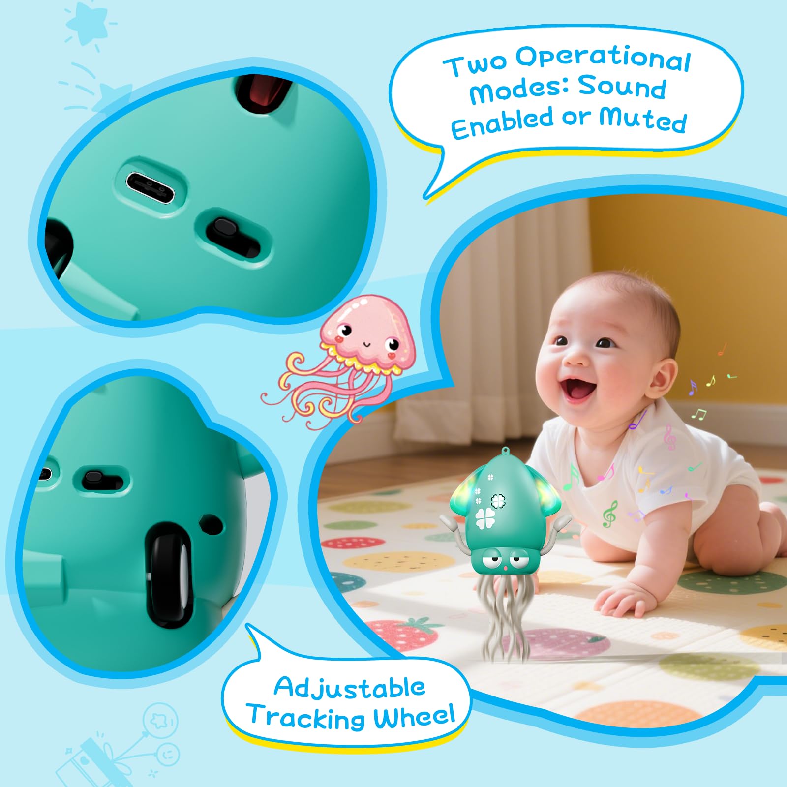 WAYPIN SION Green Crawling Dancing Octopus Toy – Rechargeable Sensory Toy with Lights & Music for Babies Tummy Time, Birthday Gift