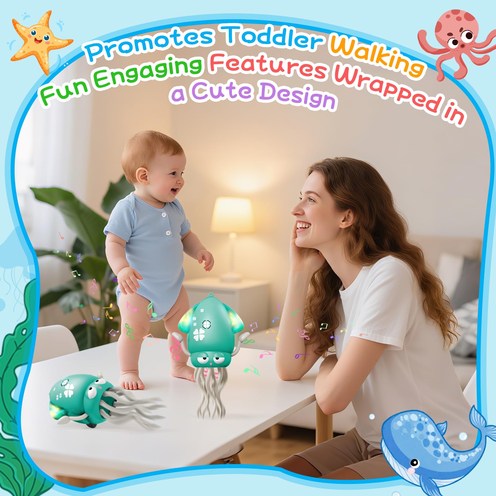 WAYPIN SION Green Crawling Dancing Octopus Toy – Rechargeable Sensory Toy with Lights & Music for Babies Tummy Time, Birthday Gift