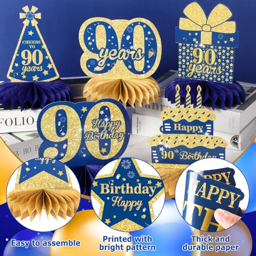 Wayyogh 9-Piece Navy Blue & Gold 90th Birthday Honeycomb Centerpieces – Table Decor for Men, Women, Anniversary Parties