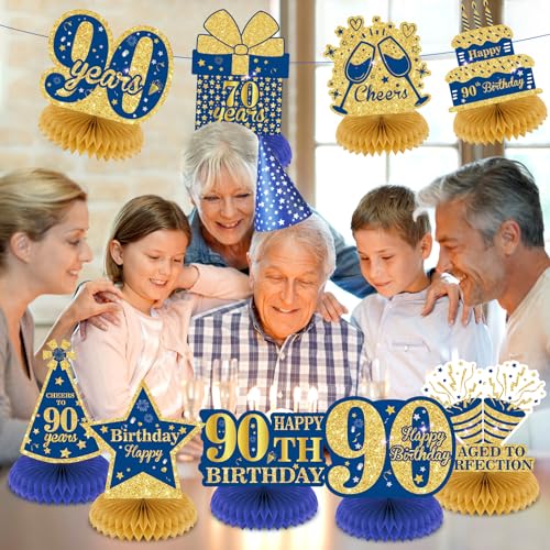 Wayyogh 9-Piece Navy Blue & Gold 90th Birthday Honeycomb Centerpieces – Table Decor for Men, Women, Anniversary Parties