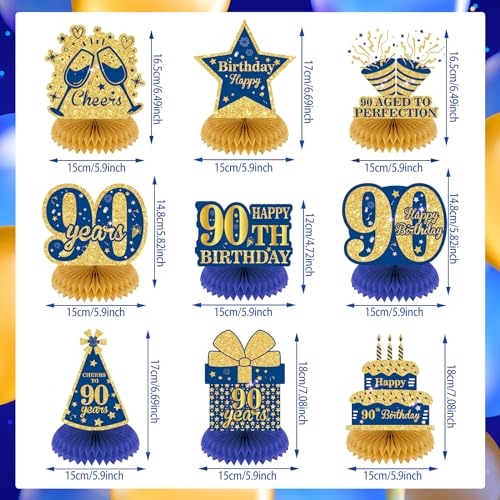 Wayyogh 9-Piece Navy Blue & Gold 90th Birthday Honeycomb Centerpieces – Table Decor for Men, Women, Anniversary Parties