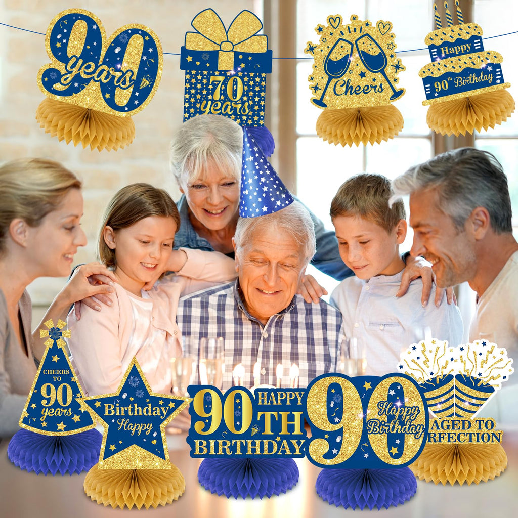 Wayyogh 9-Piece Navy Blue & Gold 90th Birthday Honeycomb Centerpieces – Table Decor for Men, Women, Anniversary Parties