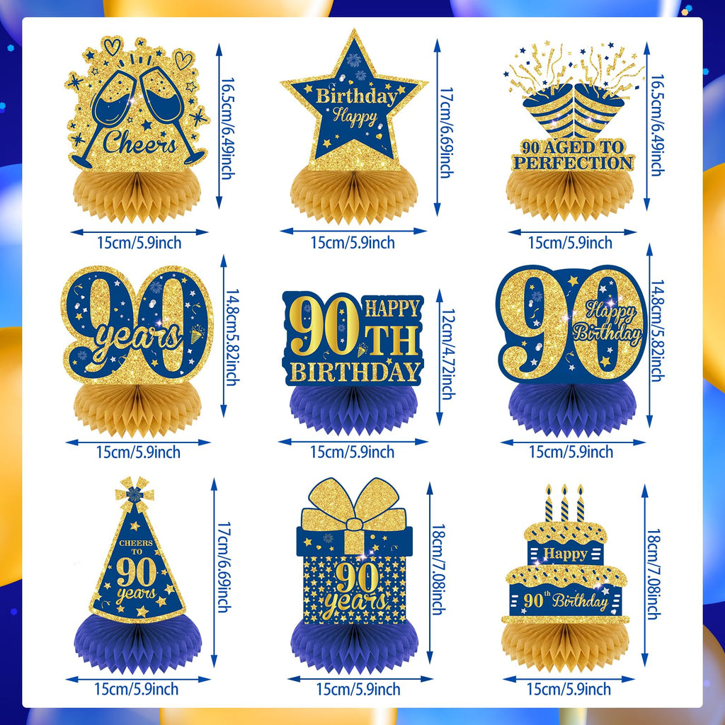 Wayyogh 9-Piece Navy Blue & Gold 90th Birthday Honeycomb Centerpieces – Table Decor for Men, Women, Anniversary Parties