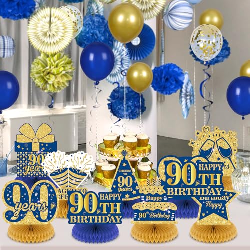 Wayyogh 9-Piece Navy Blue & Gold 90th Birthday Honeycomb Centerpieces – Table Decor for Men, Women, Anniversary Parties
