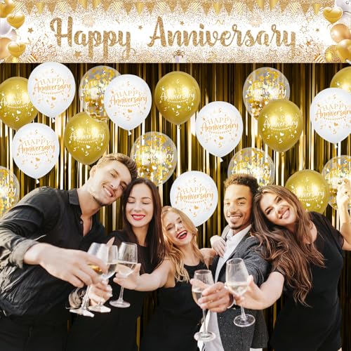 Wayyogh Happy Anniversary Decorations Set - White Gold Banner & 18 Balloons for Wedding Anniversary Party