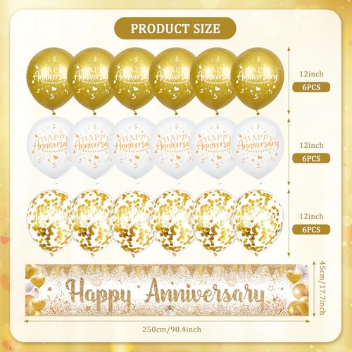 Wayyogh Happy Anniversary Decorations Set - White Gold Banner & 18 Balloons for Wedding Anniversary Party