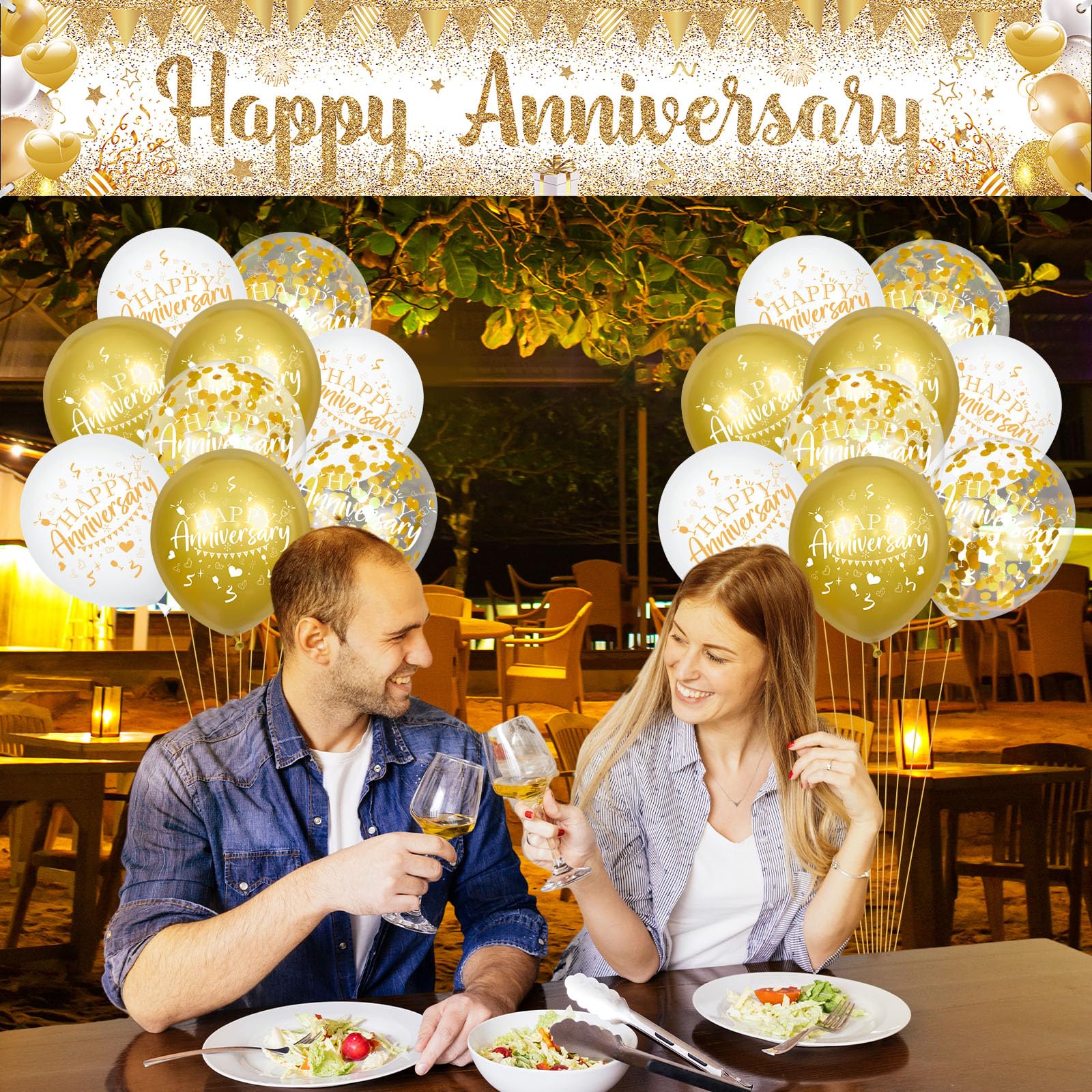Wayyogh Happy Anniversary Decorations Set - White Gold Banner & 18 Balloons for Wedding Anniversary Party