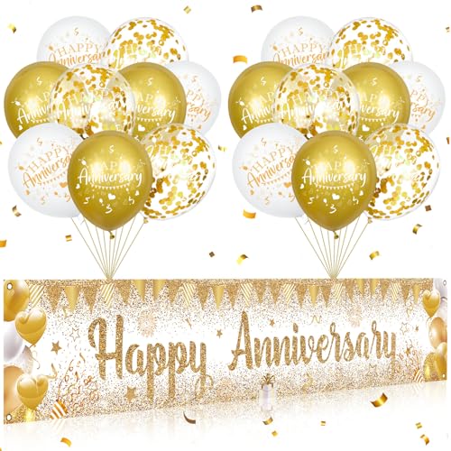 Wayyogh Happy Anniversary Decorations Set - White Gold Banner & 18 Balloons for Wedding Anniversary Party