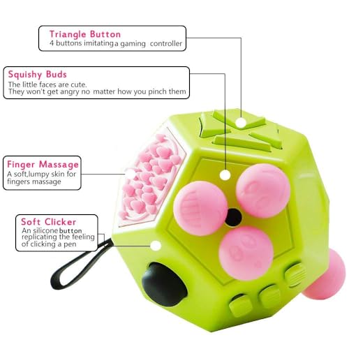 WCZCBOYA 12-Sided Fidget Cube (Green/A3) - Stress Relief Toy with Gears, Buttons, Joystick & More