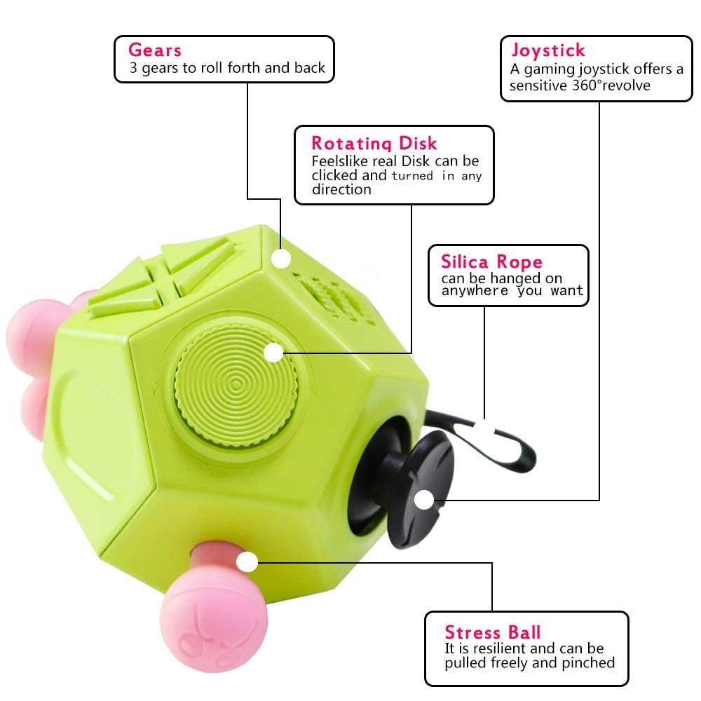 WCZCBOYA 12-Sided Fidget Cube (Green/A3) - Stress Relief Toy with Gears, Buttons, Joystick & More